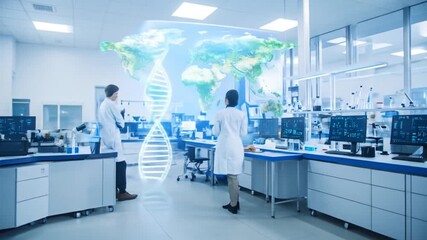 Scientists Working in High-Tech Laboratory with DNA Helix and World Map Display