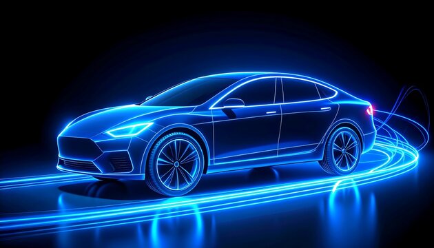 Futuristic electric car on glowing path