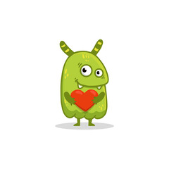 Cute cartoon monster with heart on white background. Happy Alien. Funny green monster in flat style. Vector illustration. 