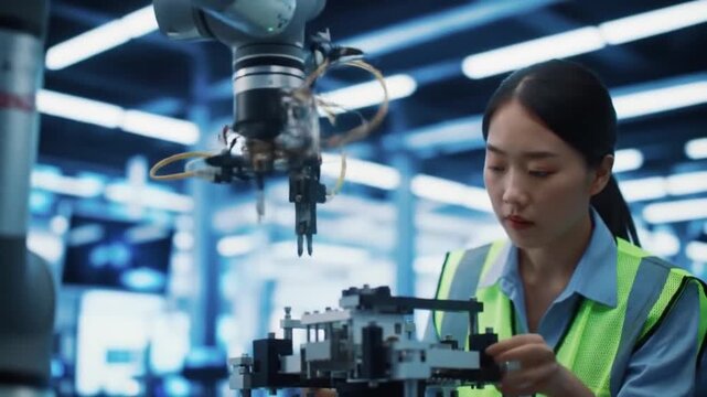 Collaborative robot helping engineer in automated factory.