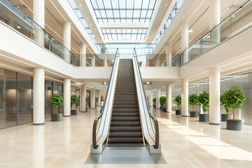 Obraz premium 緑の植栽と調和した明るいビジネスロビーのエスカレーター