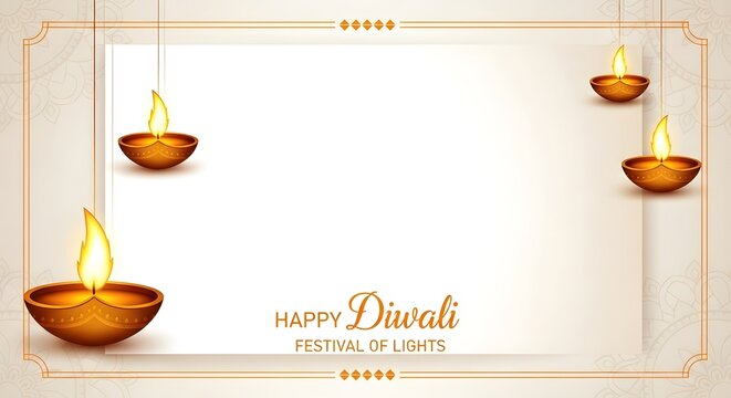 Happy diwali festival of lights greeting with lit diyas and decorative border, featuring copy space on a cream background, symbolizing prosperity and joy