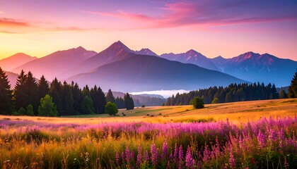 Sunrise Mountain Meadow Landscape.