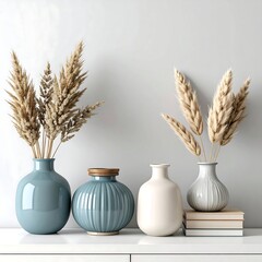 Four vases, two with pampas grass, sit on a shelf with books