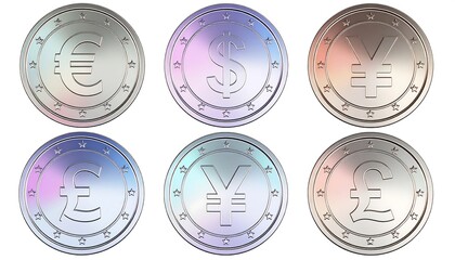 Six metallic coins, each displaying a different currency symbol; Euro, US Dollar, Japanese Yen, British Pound