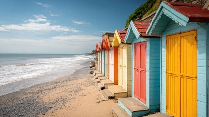 Obraz premium Colorful Beach Cabins Along a Sandy Shore Under a Sunny Sky
