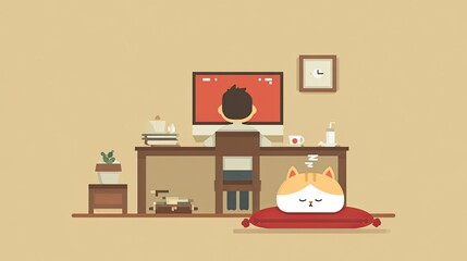 Pixel Art Illustration Of A Person Working At A Home Office Desk With A Cute Cat, Featuring Beige And Brown Color Palette, Minimalist Design, And A