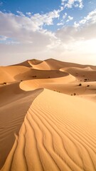 Vast desert dunes under a partly cloudy sky