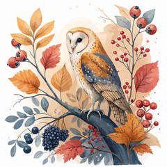 A watercolor painting of a barn owl perched on a branch surrounded by autumn leaves and berries art