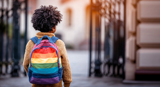 Young black child with rainbow backpack walking towards school gates  