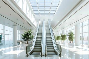 明るく開放的なオフィスアトリウムとエスカレーターの背景