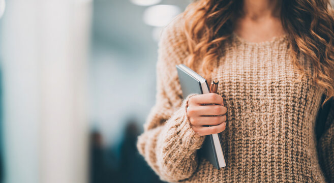 Young woman holding notebook in cozy sweater for Back to school concept  