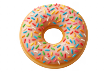 Delicious donut with pink frosting and colorful sprinkles on transparent background