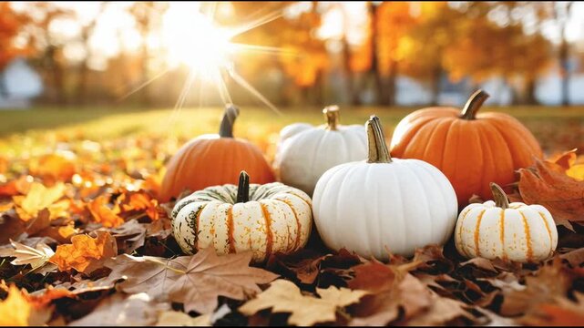 Colorful Pumpkins and Autumn Leaves in the Sun