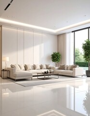 Modern minimalist living room with large sectional sofa, glossy floors, and natural light