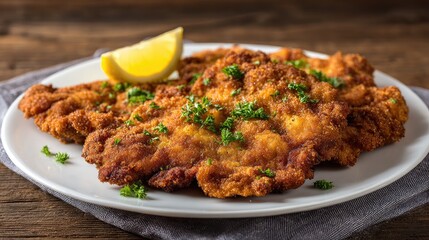 Golden Brown Breaded Cutlets with Parsley and Lemon on White Plate