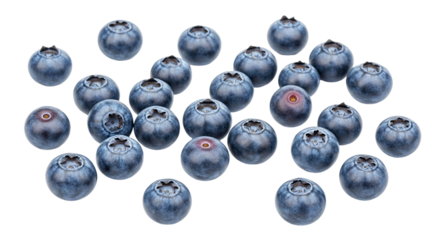 A scattered arrangement of fresh blueberries isolated against a solid in a studio shot