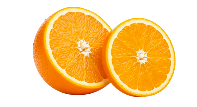 A close up of two orange halves with bright orange pulp and a white rind