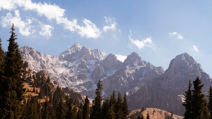 Epic Central Asian scenery with alpine ridges, pine-covered slopes and open meadows.
