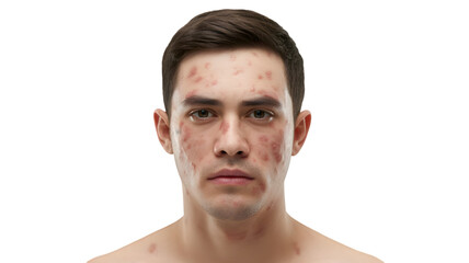 Obraz premium Young man with facial skin irritation and redness isolated on transparent background