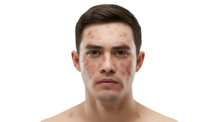 Young man with facial skin irritation and redness isolated on transparent background