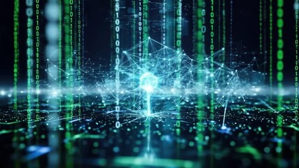 A digital landscape with binary code and a glowing network connection - Powered by Adobe