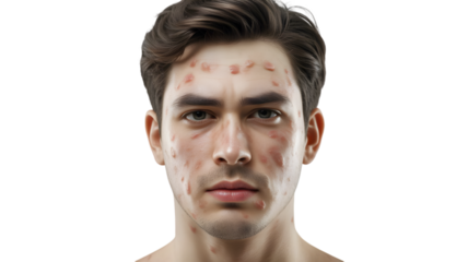 Young man with acne and blemishes on his face isolated on transparent background