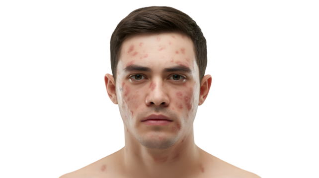 Young man with facial skin irritation and redness isolated on transparent background