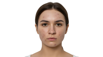Close up portrait of a young woman with natural skin texture and imperfections isolated on transparent background