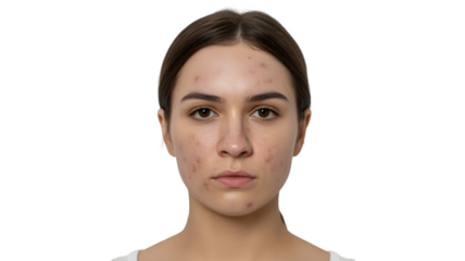 Close up portrait of a young woman with natural skin texture and imperfections isolated on transparent background