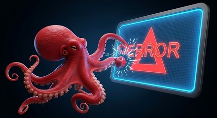 A vibrant red octopus powerfully breaks a glowing blue digital error screen, conceptually illustrating the dynamic challenge of overcoming tech glitches with unique solutions.