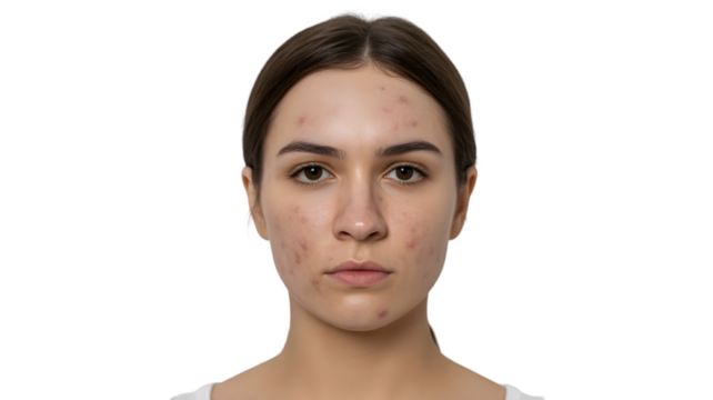 Close up portrait of a young woman with natural skin texture and imperfections isolated on transparent background