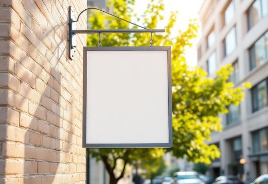 A blank, rectangular sign hangs from a black metal bracket affixed to a brick wall.  Sunlight illuminates the scene, with blurred city buildings and foliage in the background