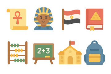 Egyptian education icons: ancient symbols and modern tools in flat design