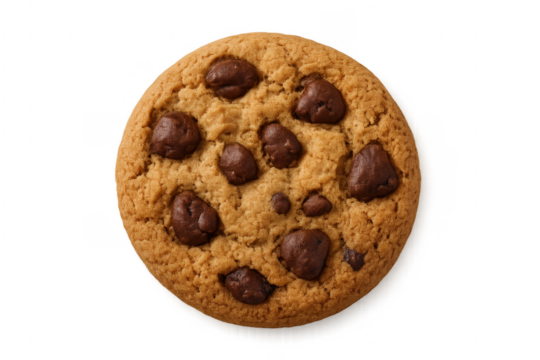 Chocolate chip cookie isolated on transparent background showing delicious detail