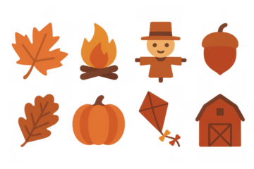 Charming autumn icons featuring leaves, pumpkins, and harvest symbols in flat design