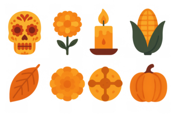Colorful autumn and day of the dead icons: skull, pumpkin, marigold, candle, corn