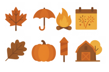 Cozy autumn icons featuring leaves, pumpkins, and seasonal elements in flat design