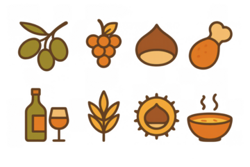 Rustic food icons featuring olives, berries, chestnut, chicken, and more in flat style