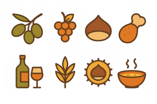 Rustic food icons featuring olives, berries, chestnut, chicken, and more in flat style