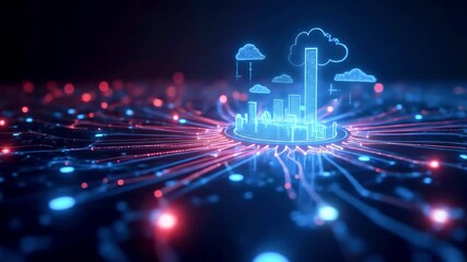 Futuristic cityscape with digital connections and cloud elements, showcasing technology and innovation - Powered by Adobe