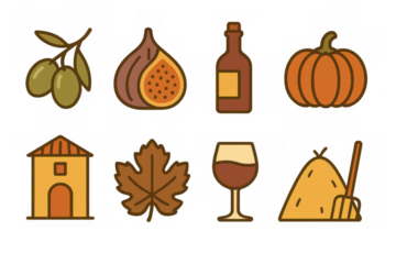 Autumn harvest icons set featuring food, wine, and seasonal items in flat design