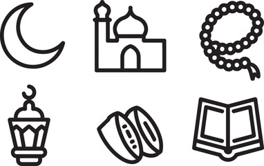 Ramadan Kareem Icons Set Outline Style Crescent Moon Mosque Beads Lantern Dates Quran Symbols