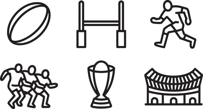 Rugby Icons Set Outline Style Ball Goal Post Player Scrum Trophy Stadium Symbols