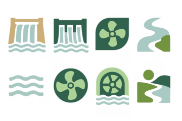 Hydropower icons set: flat style renewable energy and eco-friendly symbols