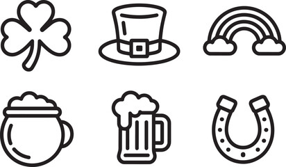 St. Patrick's Day Icons Set Outline Style Shamrock Hat Rainbow Pot of Gold Beer Horseshoe