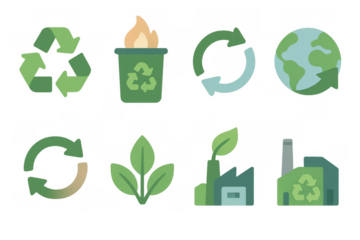 Eco-friendly symbols set featuring recycling bins, plants, and environmental icons