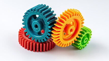 Colorful Interlocking Gears Mechanism Detailed Closeup Studio Shot White Background Bright Vivid Colors Teamwork Collaboration Technology Engineering