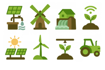 Sustainable farming technology icons set featuring renewable energy and smart agriculture elements