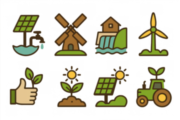 Eco-friendly energy icons: solar panels, wind turbines, hydro power, sustainable farming